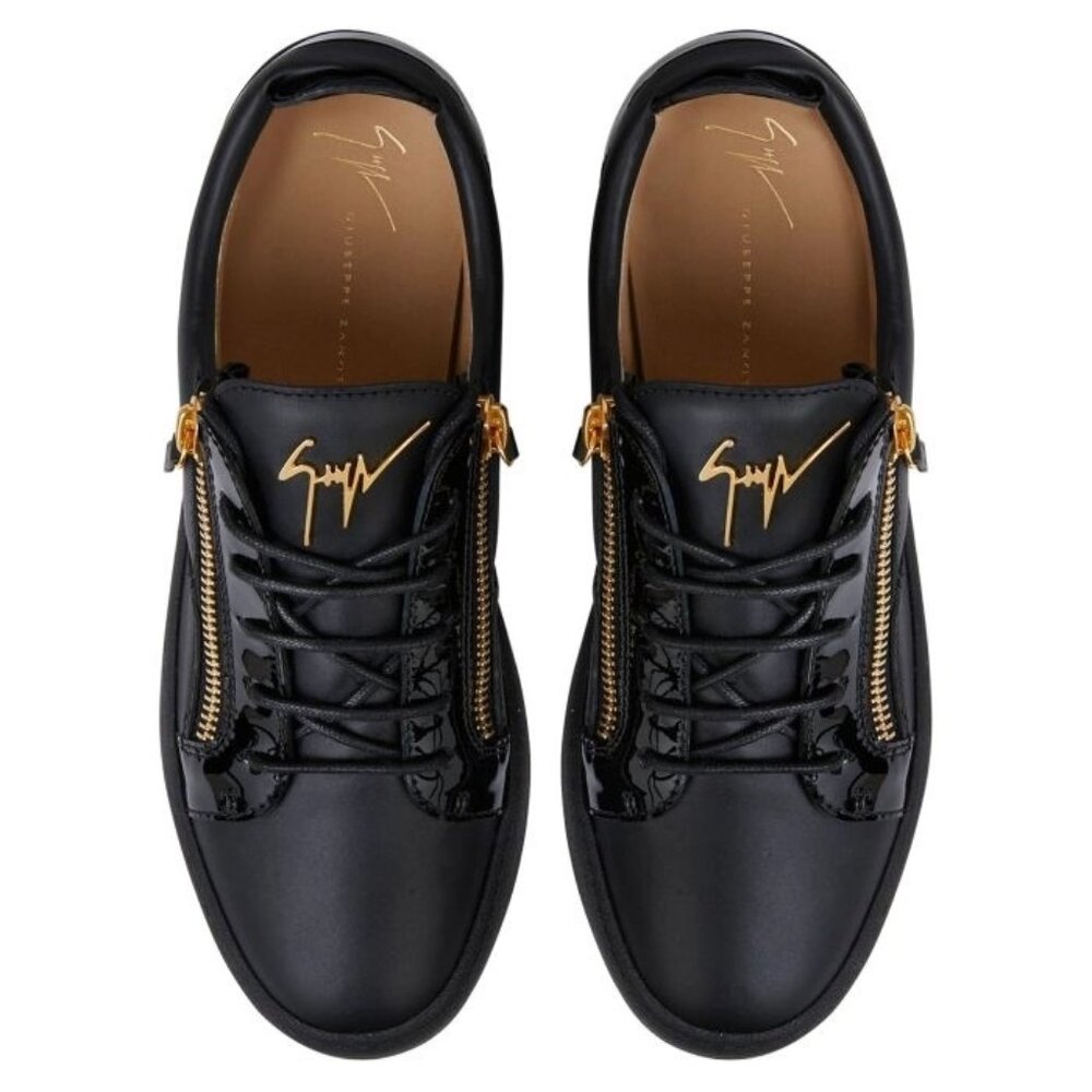 Giuseppe Zanotti Black Patent Leather Sneakers With Gold Zipper Detail Size 42 M